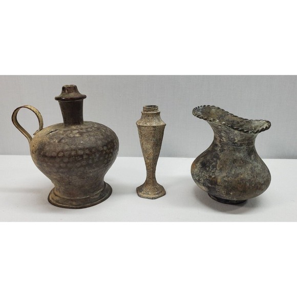 3 Metal Artifacts Brass Copper Pitcher Lotus Blossom Shaker missing top Vintage - Picture 1 of 12
